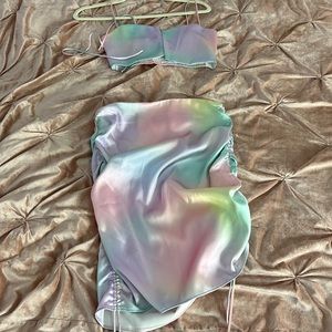 White fox, two piece, mini skirt, set rainbow, cotton candy color